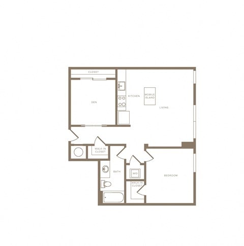 Floor plan for 1 bed, 1 bath, 888 sqft